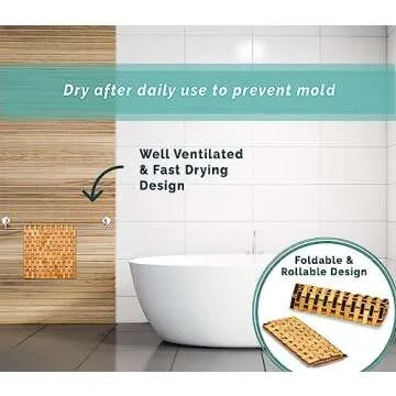 Morvat Bamboo Shower Bench & Mat, Water Resistant & Quick Drying Chair & Mat for Bathroom, Adjustable Height Bath Stool Seat with Shelf, Metal Free Wood Mat with Extra Non Slip Grips, 19”x18”x12”