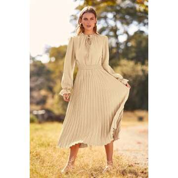 PRETTYGARDEN Women's Casual Long Sleeve Midi Dress Swiss Dot Ruffle Swing A Line Long Dresses (Apricot,Medium)