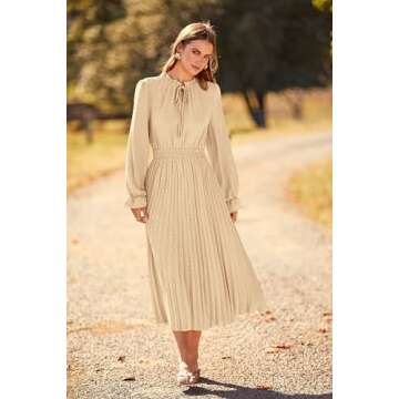 PRETTYGARDEN Women's Casual Long Sleeve Midi Dress Swiss Dot Ruffle Swing A Line Long Dresses (Apricot,Medium)