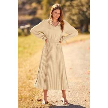 PRETTYGARDEN Women's Casual Long Sleeve Midi Dress Swiss Dot Ruffle Swing A Line Long Dresses (Apricot,Medium)