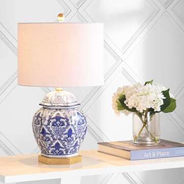 JONATHAN Y JYL3051A Gretchen 25" Ginger Jar Ceramic/Metal LED Table Lamp Classic Traditional Bedside Desk Nightstand Lamp for Bedroom Living Room Office College Bookcase LED Bulb Included, Blue/White