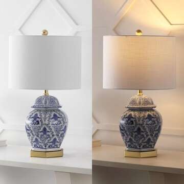JONATHAN Y JYL3051A Gretchen 25" Ginger Jar Ceramic/Metal LED Table Lamp Classic Traditional Bedside Desk Nightstand Lamp for Bedroom Living Room Office College Bookcase LED Bulb Included, Blue/White