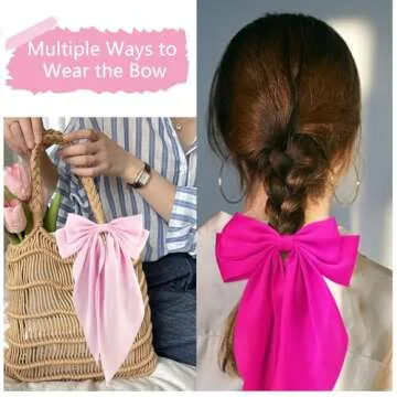 Atoden Hair Bows Silky Satin Bows for Hair Ribbons 4Pcs Coquette Oversized Long Tail Hair Bow Clips Barrettes Big Bowknot Hair Accessories for Women Girl Trendy Stuff Gifts (Pink Red)