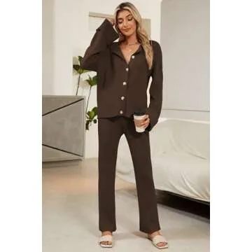 Cakulo Womens 2 Piece Outfits 2024 Lounge Sets Button Cardigan Knit Sweater Pants Loungewear Matching Set Dark Brown S