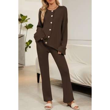 Cakulo Womens 2 Piece Outfits 2024 Lounge Sets Button Cardigan Knit Sweater Pants Loungewear Matching Set Dark Brown S