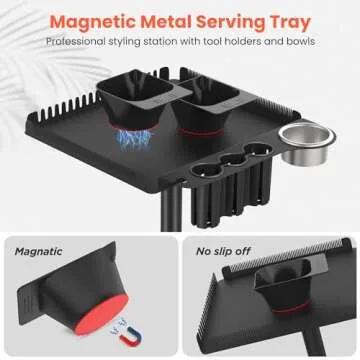 TASALON Rolling Salon Tray on Wheels, Metal Hairstylist Tray Rolling Cart for Hair Salon Station with 2 Magnetic Hair Color Bowls, Salon Trolley Cart with Holder and Hair Separator Stand