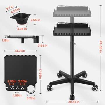 TASALON Rolling Salon Tray on Wheels, Metal Hairstylist Tray Rolling Cart for Hair Salon Station with 2 Magnetic Hair Color Bowls, Salon Trolley Cart with Holder and Hair Separator Stand