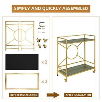Palama Gold Bar Cart for The Home, Bar Cart Simply Assembled with ONLY 4 Screws, 2-Tier Snack Cart with 2 Black Tempered Glass Shelves, Bar Cart with 2 Lockable Wheels