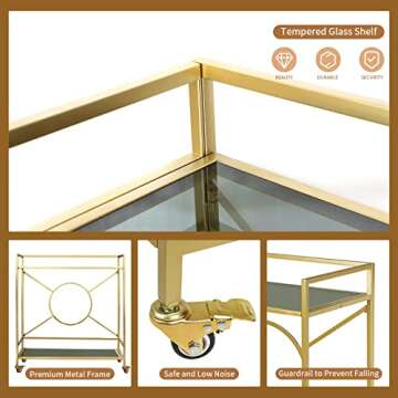 Palama Gold Bar Cart for The Home, Bar Cart Simply Assembled with ONLY 4 Screws, 2-Tier Snack Cart with 2 Black Tempered Glass Shelves, Bar Cart with 2 Lockable Wheels