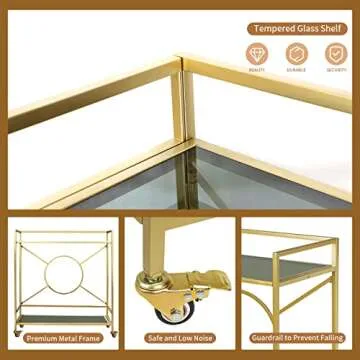 Palama Gold Bar Cart for The Home, Bar Cart Simply Assembled with ONLY 4 Screws, 2-Tier Snack Cart with 2 Black Tempered Glass Shelves, Bar Cart with 2 Lockable Wheels