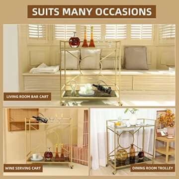 Palama Gold Bar Cart for The Home, Bar Cart Simply Assembled with ONLY 4 Screws, 2-Tier Snack Cart with 2 Black Tempered Glass Shelves, Bar Cart with 2 Lockable Wheels