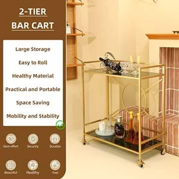 Palama Gold Bar Cart for The Home, Bar Cart Simply Assembled with ONLY 4 Screws, 2-Tier Snack Cart with 2 Black Tempered Glass Shelves, Bar Cart with 2 Lockable Wheels