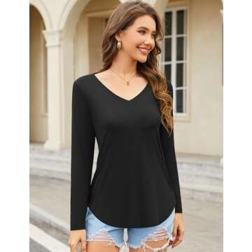 Amoretu Women's V Neck Undershirt Solid Color Long Sleeve Tee Tunic Tops - Perfect for Every Occasio...
