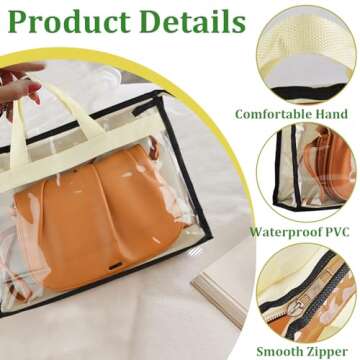 Gcroet Handbag Storage, Handbag Organizer Dust Cover Bag Transparent Anti-dust Purse Storage Bag for Hanging Closet with Zipper and Handle Space-Saving Storage Bag(5 Pack)