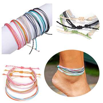 yfstyle 12Pcs Summer Beach Surfer Anklet Bracelets for Women Men Adjustable Handmade Waterproof Braided String Anklets Boho Woven Wave Ankle Bracelets Beach Jewelry