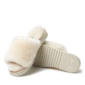 Dearfoams womens Fireside Genuine Shearling Slide With Metallic Suede Trim Slipper, Natural, 7 US