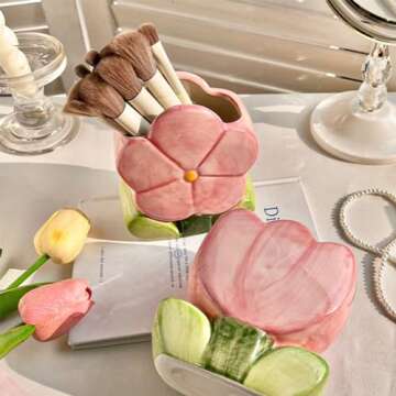 Busnos Makeup Brush Holder Pen Holder for Desk Aesthetic Cute Funny Toothbrush Holder Tulips Pencil Holder for Office Desk Accessories Kawaii Desk Accessories Red Home Decor Birthday Gifts for Women