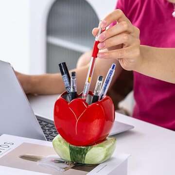 Busnos Makeup Brush Holder Pen Holder for Desk Aesthetic Cute Funny Toothbrush Holder Tulips Pencil Holder for Office Desk Accessories Kawaii Desk Accessories Red Home Decor Birthday Gifts for Women