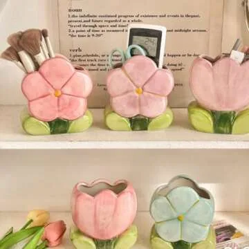 Busnos Makeup Brush Holder Pen Holder for Desk Aesthetic Cute Funny Toothbrush Holder Tulips Pencil Holder for Office Desk Accessories Kawaii Desk Accessories Red Home Decor Birthday Gifts for Women