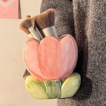 Busnos Makeup Brush Holder Pen Holder for Desk Aesthetic Cute Funny Toothbrush Holder Tulips Pencil Holder for Office Desk Accessories Kawaii Desk Accessories Red Home Decor Birthday Gifts for Women