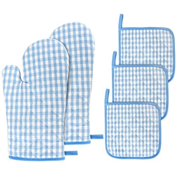 Kitchen Oven Mitt and Pot Holders, 5 pcs Heat Resistant Vintage Cotton Gingham Oven Mitts and Potholders Hot Pads Mats Coasters Set for Cooking Baking (Blue Set)