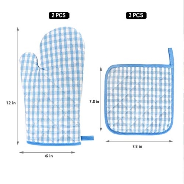 Kitchen Oven Mitt and Pot Holders, 5 pcs Heat Resistant Vintage Cotton Gingham Oven Mitts and Potholders Hot Pads Mats Coasters Set for Cooking Baking (Blue Set)