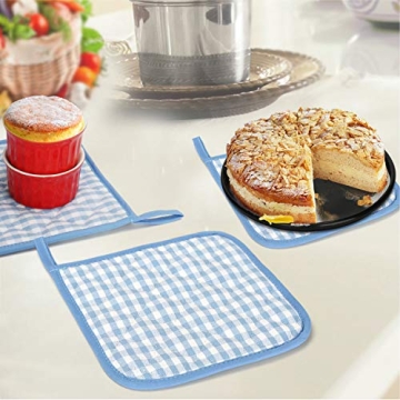 Kitchen Oven Mitt and Pot Holders, 5 pcs Heat Resistant Vintage Cotton Gingham Oven Mitts and Potholders Hot Pads Mats Coasters Set for Cooking Baking (Blue Set)