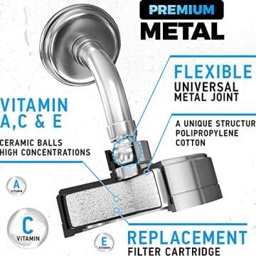 AquaHomeGroup Luxury Filtered Shower Head (Metal) 2 Cartridges Vitamin C+E+A + 5 Shower Caps - Reduses Chlorine & Sediments - Consistent Water Pressure - Massage and SPA Effery Shower Head