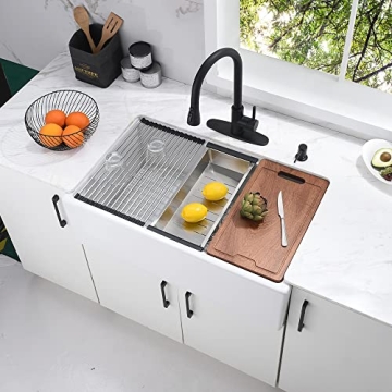 33 Inch White Farmhouse Workstation Sink - Bokaiya