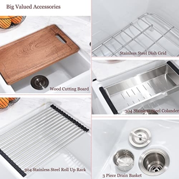 33 Inch White Farmhouse Workstation Sink - Bokaiya