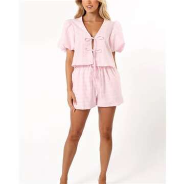 Yuemengxuan Women Y2k Peplum Shirt Shorts Set Two Piece Lounge Set Pajamas Sets Puff Sleeve Tie Fron...