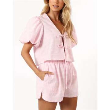 Yuemengxuan Women Y2k Peplum Shirt Shorts Set Two Piece Lounge Set Pajamas Sets Puff Sleeve Tie Front Top 2pcs Outfits Set (Pink #ruy7, XL)