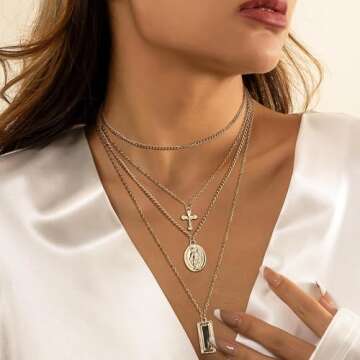 ORAZIO Cross Necklace,Layered Necklaces for Women,Dainty 14K Gold Silver Plated Cross Pendant,Crucifix Blessed Virgin Mary Pendant Necklace,Faith Religious Jewelry
