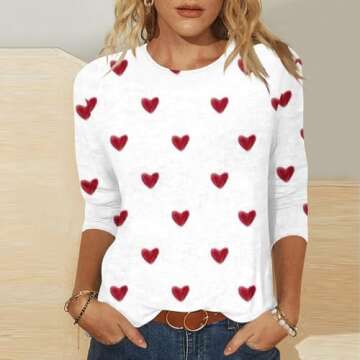 Valentines Day Shirts Women 3/4 Sleeve Trendy Novelty Heart Graphic Tees Plus Size Casual Festival O...