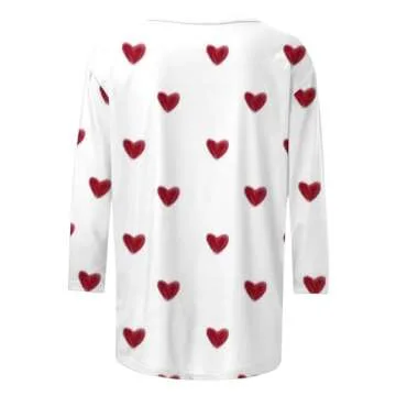 Valentines Day Shirts Women 3/4 Sleeve Trendy Novelty Heart Graphic Tees Plus Size Casual Festival Outfits Going Out Slim Fit Y2K Tops Cute 3D Print Tshirt Crew Neck Sweatshirt Sweater Gifts for Her