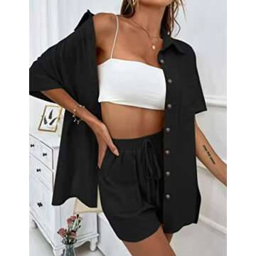 Beyove Women's 2 Piece Lounge Tracksuit Outfit Sets Cotton Linen High Low Shirt and Drawstring Casual Shorts Set, Black S