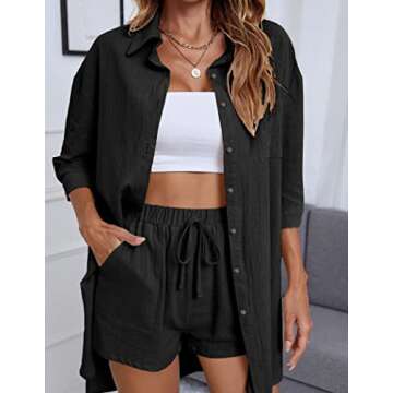Beyove Women's 2 Piece Lounge Tracksuit Outfit Sets Cotton Linen High Low Shirt and Drawstring Casual Shorts Set, Black S