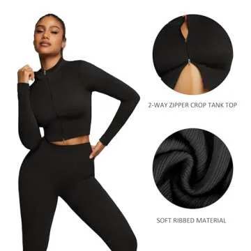 FeelinGirl Workout Sets for Women 2 Piece Black Workout Outfits High Waist Gym Leggings Long Sleeve Zipper Crop Top L