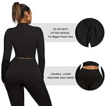 FeelinGirl Workout Sets for Women 2 Piece Black Workout Outfits High Waist Gym Leggings Long Sleeve Zipper Crop Top L