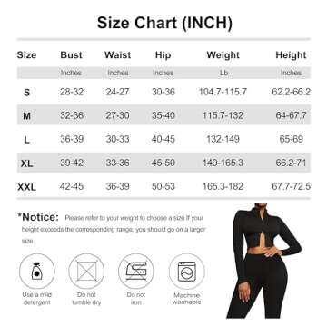 FeelinGirl Workout Sets for Women 2 Piece Black Workout Outfits High Waist Gym Leggings Long Sleeve Zipper Crop Top L