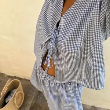 Argeousgor Women's Y2k 2 Piece Pajamas Set Puff Sleeve Peplum Tie Front Top and Shorts Plaid Two Piece Lounge Set 2pcs Outfits Set Sleepwear xl