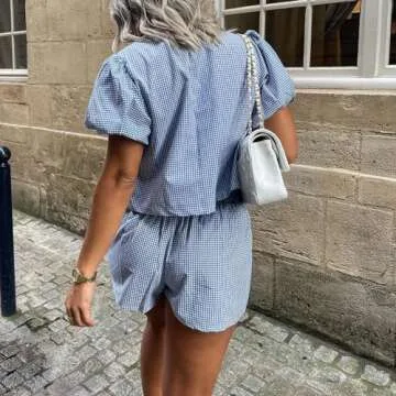 Argeousgor Women's Y2k 2 Piece Pajamas Set Puff Sleeve Peplum Tie Front Top and Shorts Plaid Two Piece Lounge Set 2pcs Outfits Set Sleepwear xl