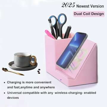 2025 New Wireless Charger,15W Pink Fast Charger,Dual Coil,Qi Certified Charging Dock,Desk Stand and ...