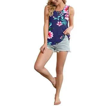 Feiersi Women's Sleeveless Criss Cross Print Casual Tank Tops Basic Blouse(Floral Navy Blue,Medium)