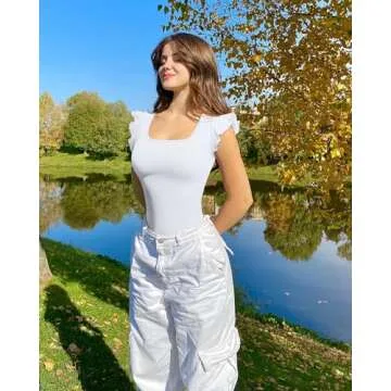 OQQ Women 2 Piece Bodysuits Sexy Ribbed Square Neck Ruffles Sleeve Stretch Fit Basic Tank Tops Bodysuits Black White