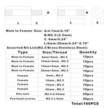 HVAZI 160PCS M2.5 Brass Spacer Standoff/Stainless Steel Screw/Nut Assortment Kit,Male-Female