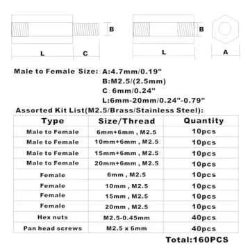 HVAZI 160PCS M2.5 Brass Spacer Standoff/Stainless Steel Screw/Nut Assortment Kit,Male-Female