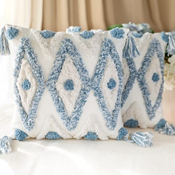 MARSAULE Boho Cotton Throw Pillow Covers Set of 2 Blue