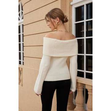 MakeMeChic Women's Off Shoulder Fold Over Long Sleeve Sweater Pullover Tops Beige XS