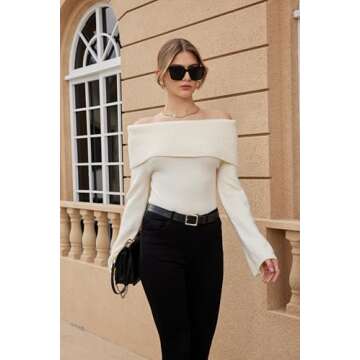MakeMeChic Women's Off Shoulder Fold Over Long Sleeve Sweater Pullover Tops Beige XS